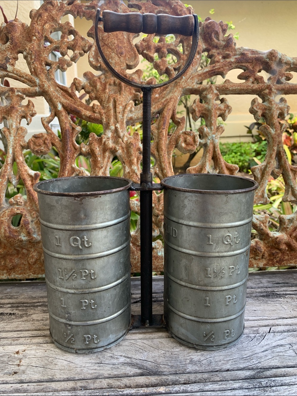 Vintage Metal Twin Caddy with Wood Handle - Galvanized Finish